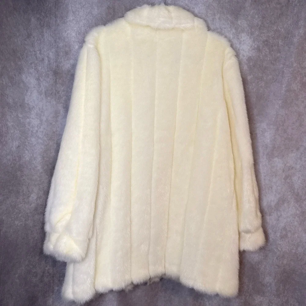Vintage 80s Dennis Basso Faux Fur Jacket Womens 1X Cream Off-White Mob Wife Luxe - Picture 4 of 6